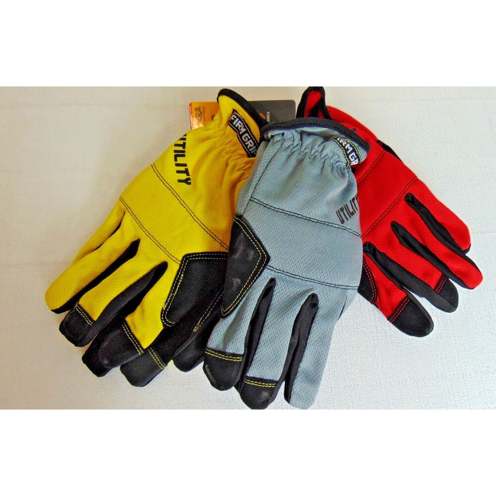 X2 Firm Grip Tough Working Gloves, 3 Pair Utility, Red, Gray, Yellow - (Large)